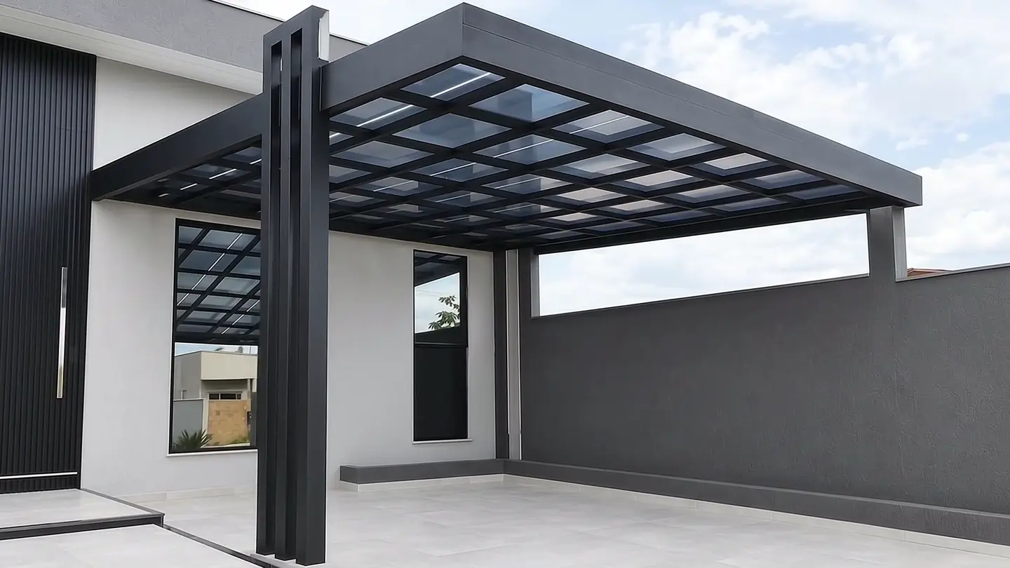 Detalhe do pergolado em alumínio de um projeto realizado